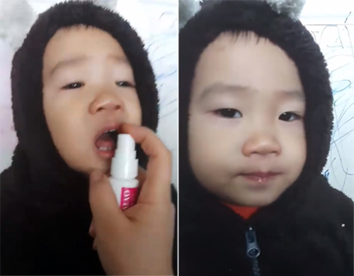 Khoảnh khắc đáng yêu của bé lần đầu được mẹ xịt Dimao vitamin D3 400 IU